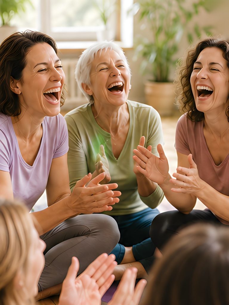 Groupe de femmes riant ensemble lors d’une séance de Yoga du Rire