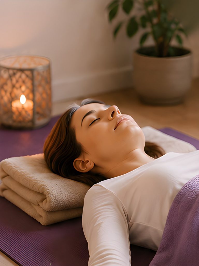 Femme allongée en relaxation profonde pendant une séance de Yoga Nidra