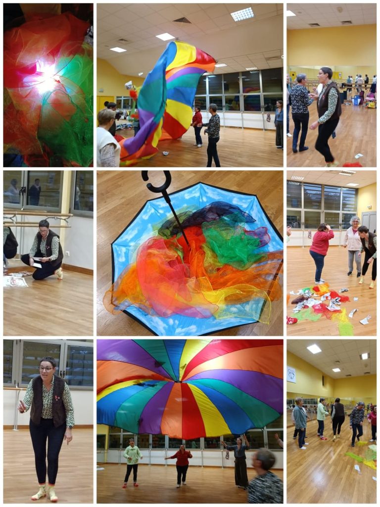 Mosaïque de photos des séances de Yoga du Rire : parachute coloré, foulards, jeux en groupe